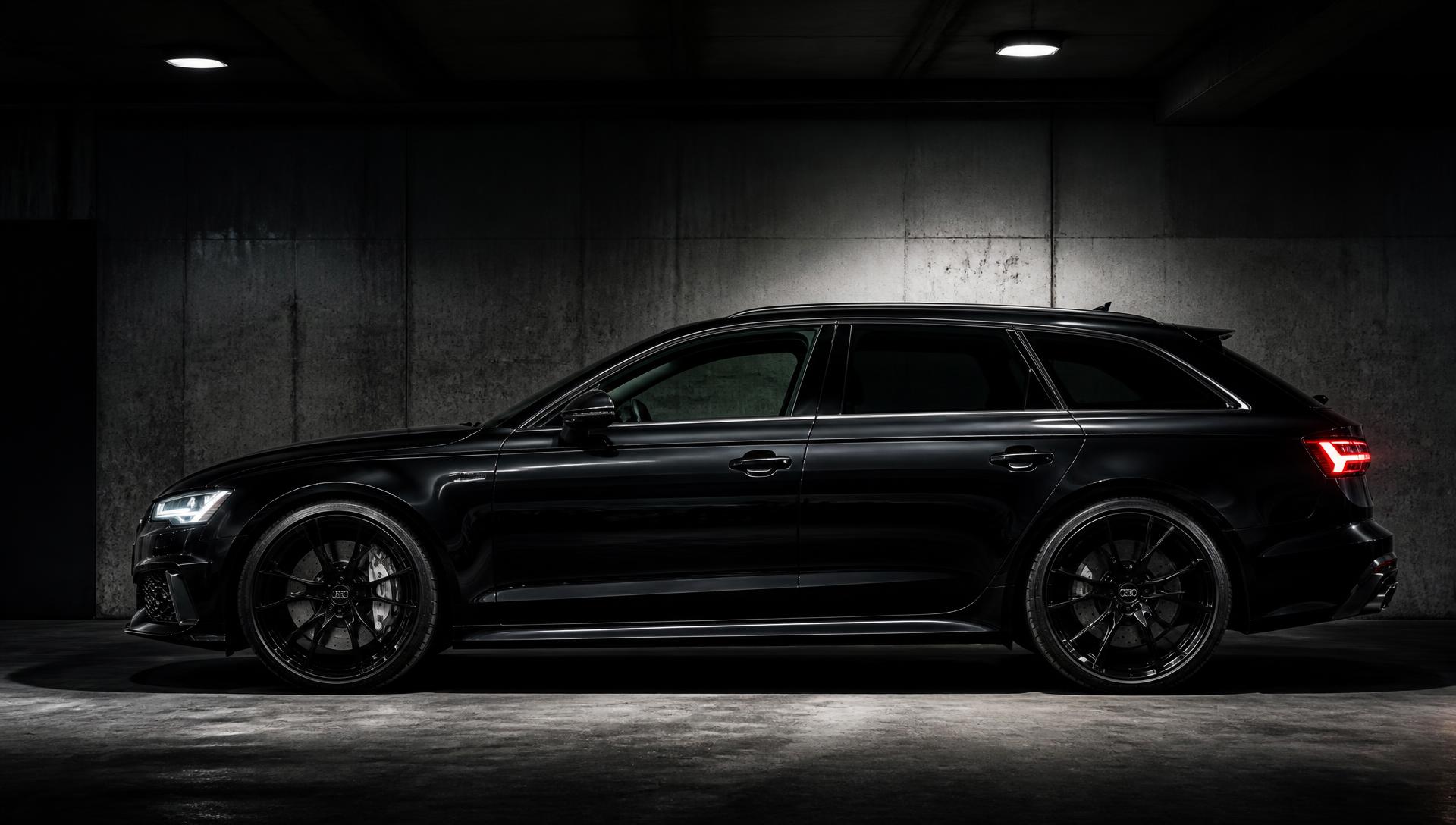 Audi RS6 preto numa garagem de betão escura